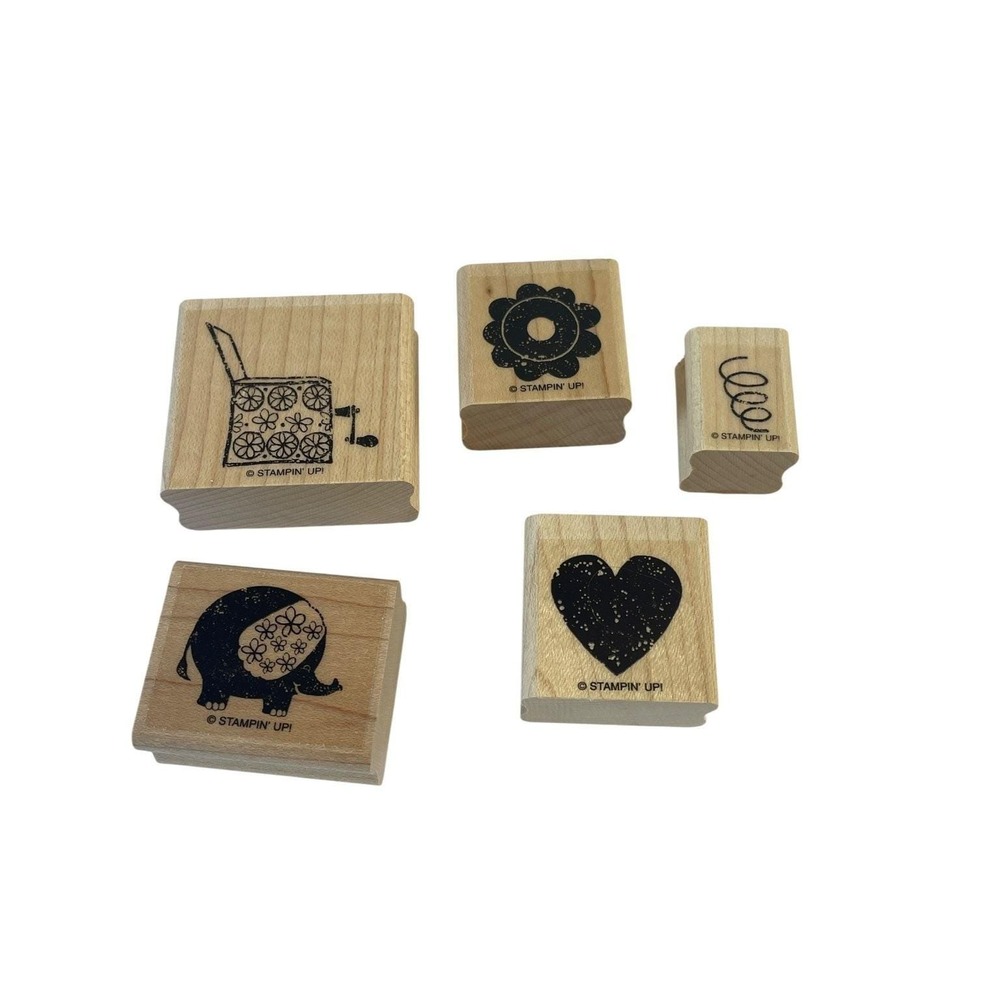 Stampin' Up! "Out of the Box" Wood Mount Stamp Set Animals Floral Hearts 5-Piece
